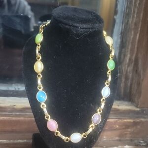 Vintage 1960s~Tammeys Jewels~ Multicolor Cats Eye 18 Kt Gold-Plated Necklace 15"